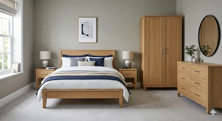 A stylish and affordable matching bedroom furniture set featuring a wooden bed frame and twin bedside tables in a bright UK loft apartment. affordable matching bedroom furniture