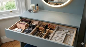Detailed view of the open drawers in a bedroom vanity dresser set, showing integrated compartments for makeup and jewellery storage.