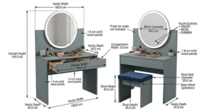A technical illustration showing the height, width, and depth measurements of a bedroom vanity dresser set in centimetres (cm).