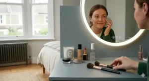 A lifestyle shot of a woman using a bedroom vanity dresser set featuring high-end makeup, perfume, and a scented candle.