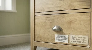Detailed close-up of a minimalist brushed steel cup handle on a modern oak-effect drawer front.