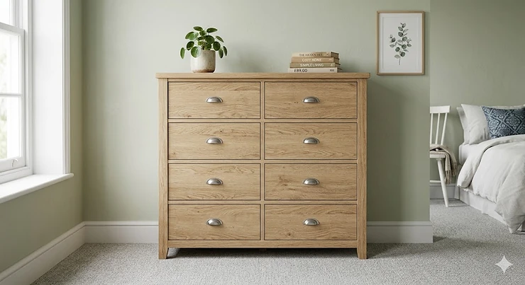 A high-definition photograph of a natural oak finish 8-drawer chest of drawers in a sunlit bedroom, with a price tag on a stack of books reading £89.00. cheap 8 drawer chest under £100