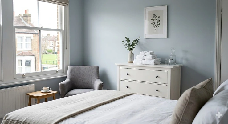 A high-quality modern white chest of drawers for a guest room styled with neutral decor and natural British lighting to create a welcoming atmosphere for visitors. chest of drawers for guest room