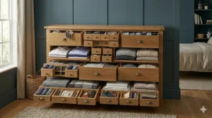 Detailed view of internal drawer organisers and jewellery compartments in a solid wood chest of drawers.