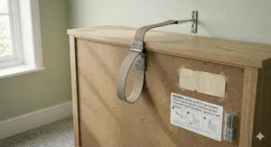 Rear view illustration of an anti-tip safety strap being secured to a wall, compliant with UK furniture safety standards.
