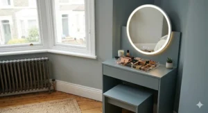 A compact grey bedroom vanity dresser set designed to fit into a small corner, ideal for UK terraced house bedrooms or flats.