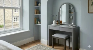 A slimline grey dresser with attached mirror styled in a compact bedroom nook to save floor space.