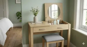 An overhead view of a corner-fitting dressing table with a mirror, designed to maximise floor space in a small master bedroom.