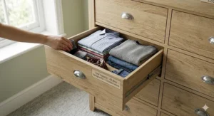 A photorealistic close-up of an open drawer filled with neatly folded shirts and jumpers, demonstrating the 35-litre storage capacity.