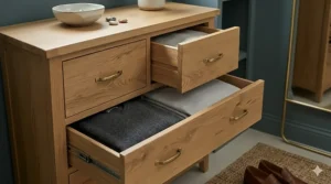 Close-up of an open drawer in a solid oak tall chest showing deep storage space for folded linens and knitwear.