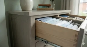 Detail of traditional dovetail joints on the drawers, highlighting the durable craftsmanship of the furniture piece.