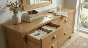 Detail shot showing the soft-close mechanism on the drawers of a luxury dresser and mirror set.