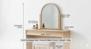 A technical diagram showing the height, width, and depth in centimetres of a dresser with attached mirror.