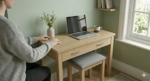 A narrow walnut dressing table with a vanity mirror, styled as both a morning grooming station and a daytime home office workspace.