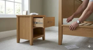 Illustration of easy-to-assemble flat-pack bedroom furniture pieces that coordinate for a seamless interior design.