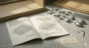 An assembly guide illustration showing a flat-pack instruction manual, screws, and polished chrome handles ready for home setup.