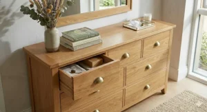 Traditional grey painted dresser and mirror set showing detailed woodwork and classic silver handles.