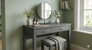 A contemporary grey-painted compact dressing table with a matching mirror and silver handles, styled with simple British decor.