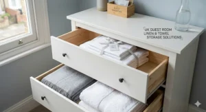 A close-up illustration of open drawers containing neatly folded fresh guest linen and towels demonstrating the storage capacity of a bedroom chest of drawers.