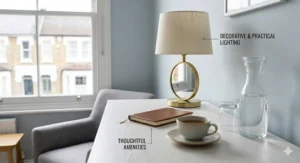 A lifestyle illustration of a chest of drawers styled with a table lamp a guest book and a carafe of water highlighting practical guest room amenities.