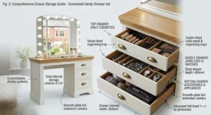 Interior view of the spacious drawers within the illuminated vanity dresser set, ideal for organising makeup and jewellery.