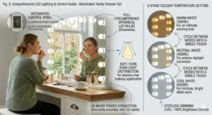 Close-up of the adjustable LED bulbs on the vanity mirror, demonstrating warm and cool lighting modes.