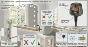 Close-up of the UK three-pin plug and integrated power cable for the illuminated vanity dresser set mirror lights.
