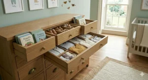 An industrial-style 12 drawer chest with metal accents styled in a home office.