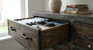 An industrial-style metal and wood 8 drawer chest, providing a contemporary storage solution for a small flat.