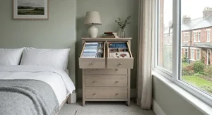 Open drawers of a slim chest showing neatly folded clothes, illustrating maximum storage for limited floor space.