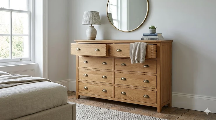 A photorealistic, highly detailed wide oak 8 drawer chest styled with a lamp and mirror in a modern British bedroom, illuminated by soft natural light. 8 drawer chest