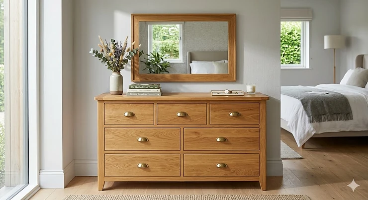 A high-quality solid oak dresser and mirror set featuring a wide chest of drawers and matching landscape mirror in a brightly lit British bedroom. dresser and mirror set