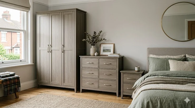 A matching chest and wardrobe set in a contemporary British bedroom, featuring a grey oak finish and brushed chrome handles.' matching chest and wardrobe set