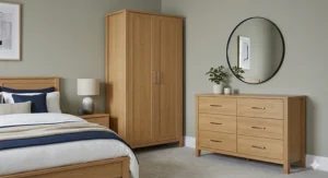 Matching white wardrobe and chest of drawers set providing affordable storage for a master bedroom.