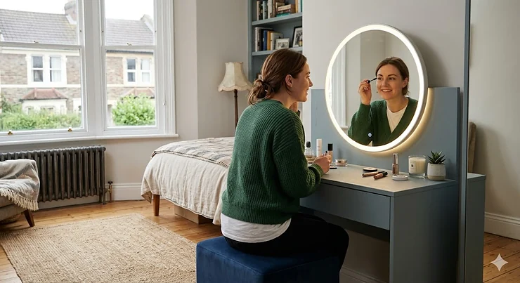 A modern bedroom vanity dresser set with a large circular LED mirror and matching blue velvet stool, styled in a bright British home. bedroom vanity dresser set
