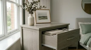 Modern high-gloss matching chest and wardrobe set in charcoal grey for a minimalist bedroom aesthetic.