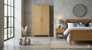Modern neutral bedroom decor featuring coordinated furniture pieces to create a cohesive, budget-friendly aesthetic.