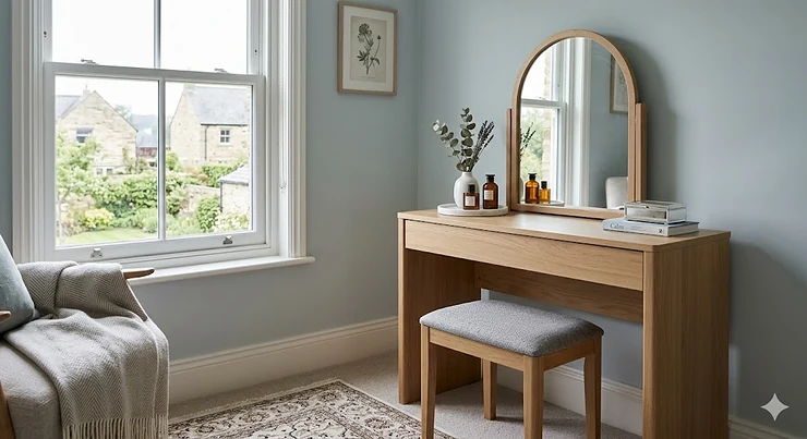 A contemporary solid oak dresser with attached mirror and matching stool set against a neutral-toned British bedroom wall. dresser with attached mirror