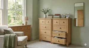 Two identical oak 10 drawer chests placed side-by-side to create a modular storage wall in a large UK master bedroom.
