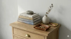 Top view of a slim 10 drawer chest decorated with a lamp and vase, highlighting the space-saving design.
