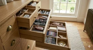 A slim-profile 12 drawer chest providing storage in a bright British hallway.