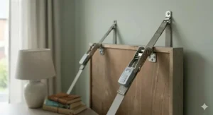 A soft grey painted 8 drawer chest positioned in a small nursery, showcasing a modern British interior style.