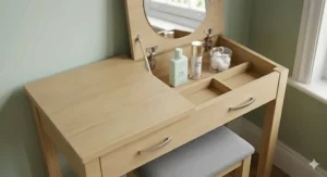 Close-up of the smooth-running drawers on a compact vanity unit, demonstrating ample storage for cosmetics and jewellery.
