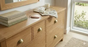 Compact 3-drawer dresser and mirror set designed for smaller British bedroom layouts or guest rooms.
