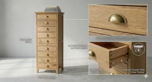 Grey 10 drawer chest used for organising stationery in a compact UK home office.