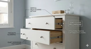 A technical illustration showing the integrated piston of a soft-close drawer mechanism designed for quiet operation and to prevent slamming in a guest bedroom.