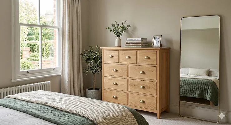 Photorealistic 4K image of a solid oak 10 drawer chest in a naturally lit British bedroom with linen bedding and a sash window. 10 drawer chest