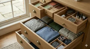 Close-up detail of the natural grain and handles on a solid oak 12 drawer chest.