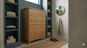 Close-up of a solid oak tallboy chest of drawers featuring traditional wood grain and aged brass handles in a bright UK home.
