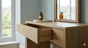 Close-up detail of the dovetail joints and smooth finish on a wooden dresser with attached mirror.